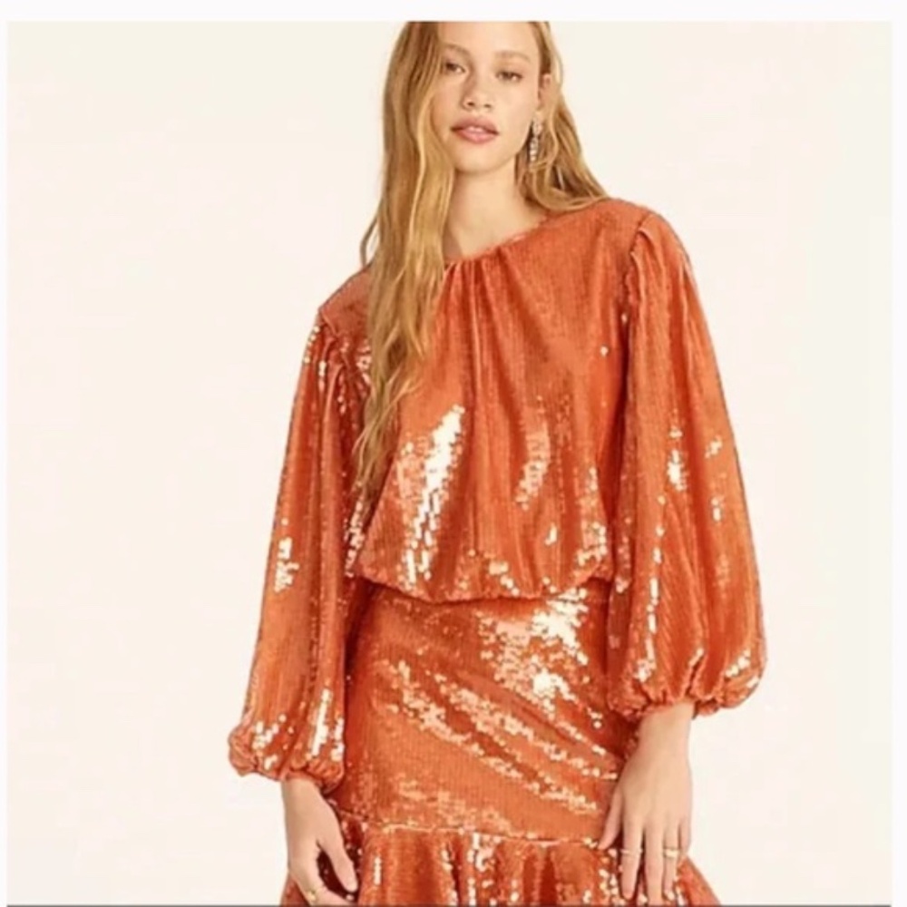J. Crew Bubble-sleeve sequin top orange M